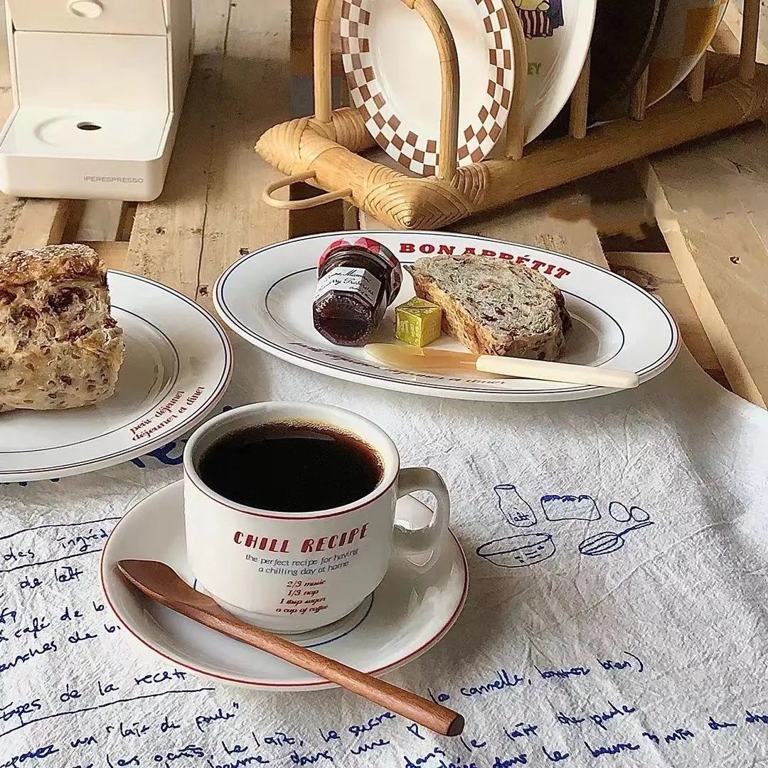 English Line Ceramic Tableware Set Red Blue Color Matching Homemade French Style Breakfast Fish Plate Coffee Cup Plate