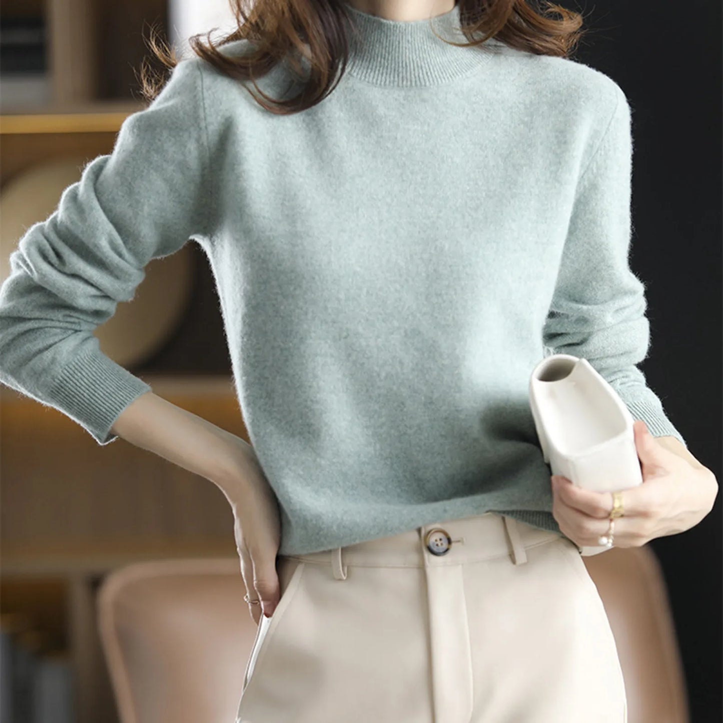 Women's luxury New knit Sweater half high neck Autumn And Winter Pullovers Knitwear Elegant Solid Sweaters women's golf wear