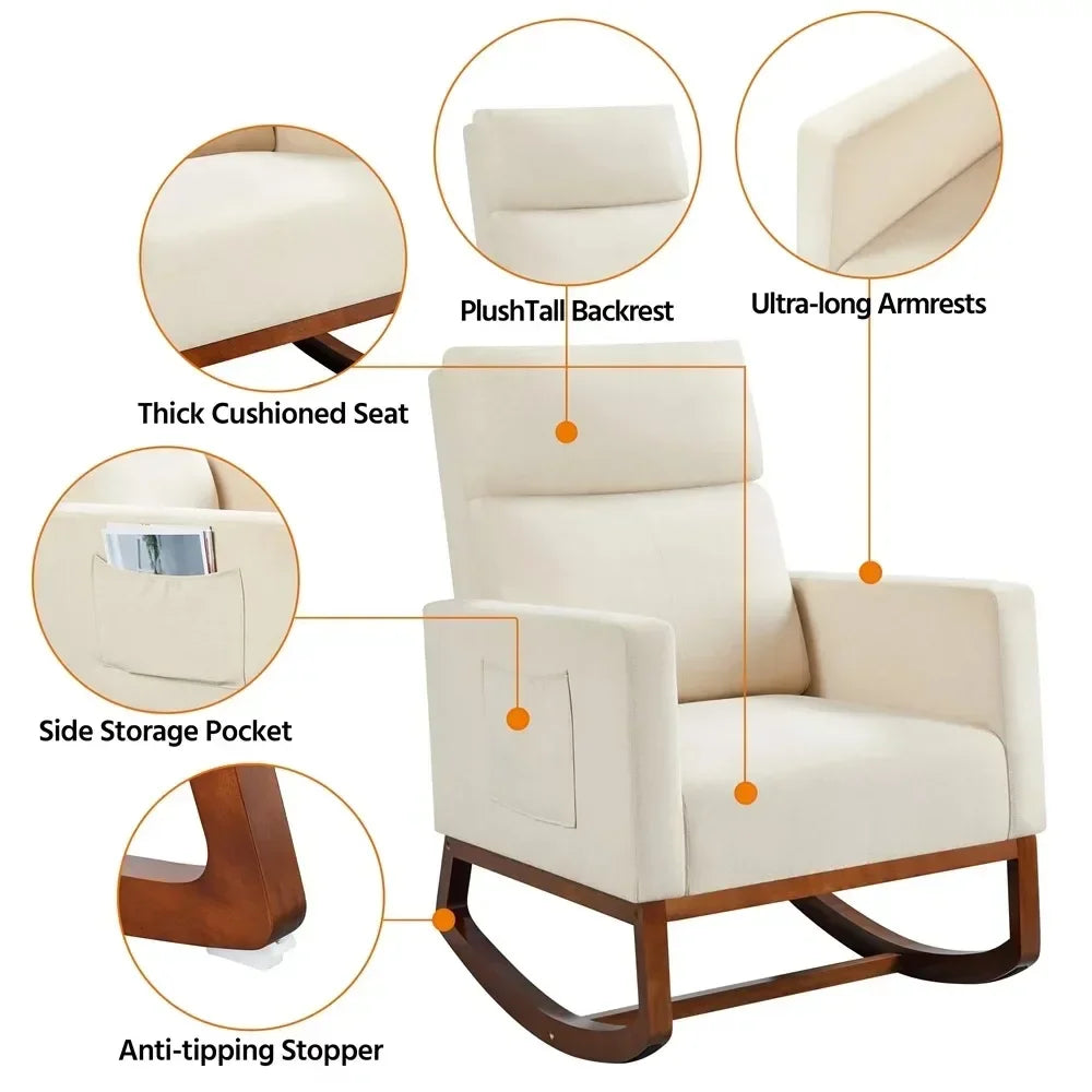 Lounge Chair, Modern Upholstered Rocking Accent Chair High Back for Living Rooms, Beige Rocking Chair