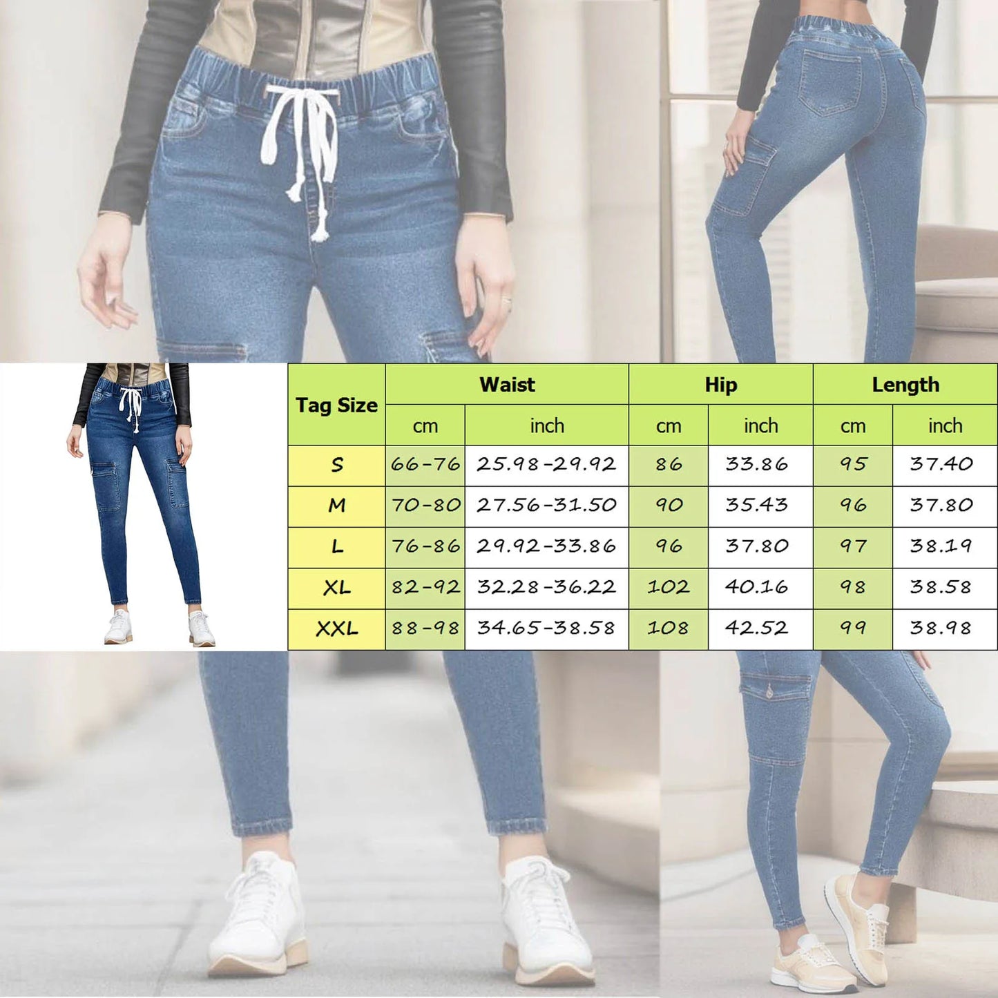 Women Casual Workout Jeans Drawstring Elastic Waist Denim Trousers Fashion Slim Fit Hip Lift Leggings Vintage Blue Pencil Pants