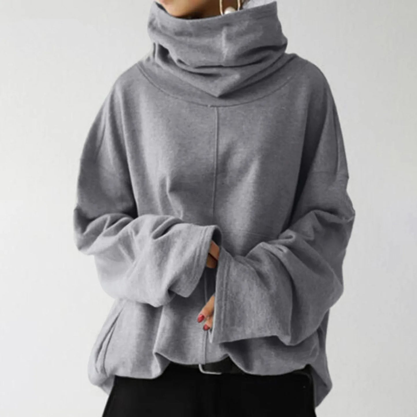 High Neck Warm Solid Color Fashionable Casual Hooded Sweater Long Sleeveturtle Neck Sweatshirt Pocket Loose Tops Oversize Coats