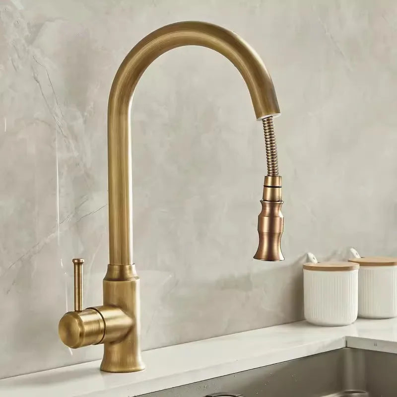 Tuqiu Antique Pull Out Kitchen Faucet Brass Sink Faucet Mixer Tap 360 degree rotation torneira cozinha mixer taps Kitchen Tap