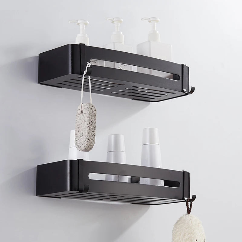 Bathroom Shelf Organizer Shower Storage Rack Black Corner Shelves Wall Mounted Aluminum Toilet Shampoo Holder No Drill