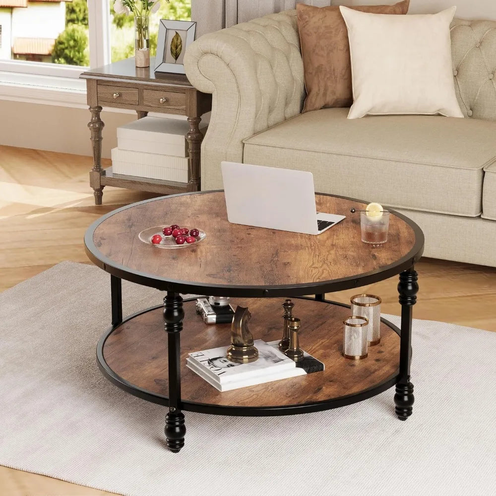 Round Coffee Table Living Room 34.25in Rustic Circle Center Table With Storage Shelf 2-Tier Modern Wood Coffee Table Side Home