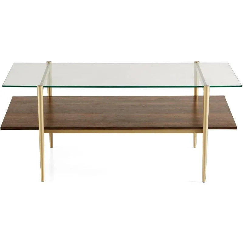 Glass Coffee Table, Clear Double Layer Glass Coffee Table for Living Room, Clear Glass & Coffee Brown Bottom Shelf