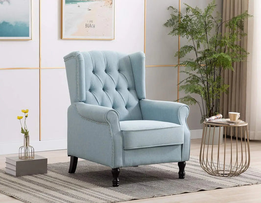 Winged Fabric Modern Accent Chair Tufted Arm Club Chair Linen Single Sofa with Wooden Legs Comfy Upholstered for Rea