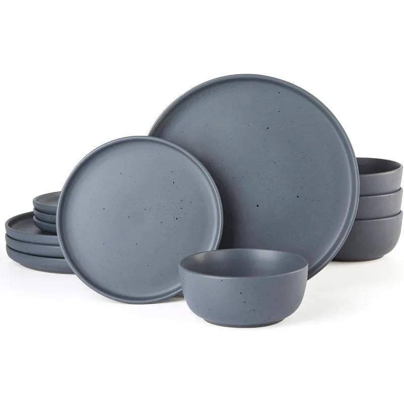 12 Piece Plates and Bowls Set, Dawn Speckled Dinnerware Sets for 4, Matte Dish Set, Microwave and Dishwasher Safe, Dark Grey