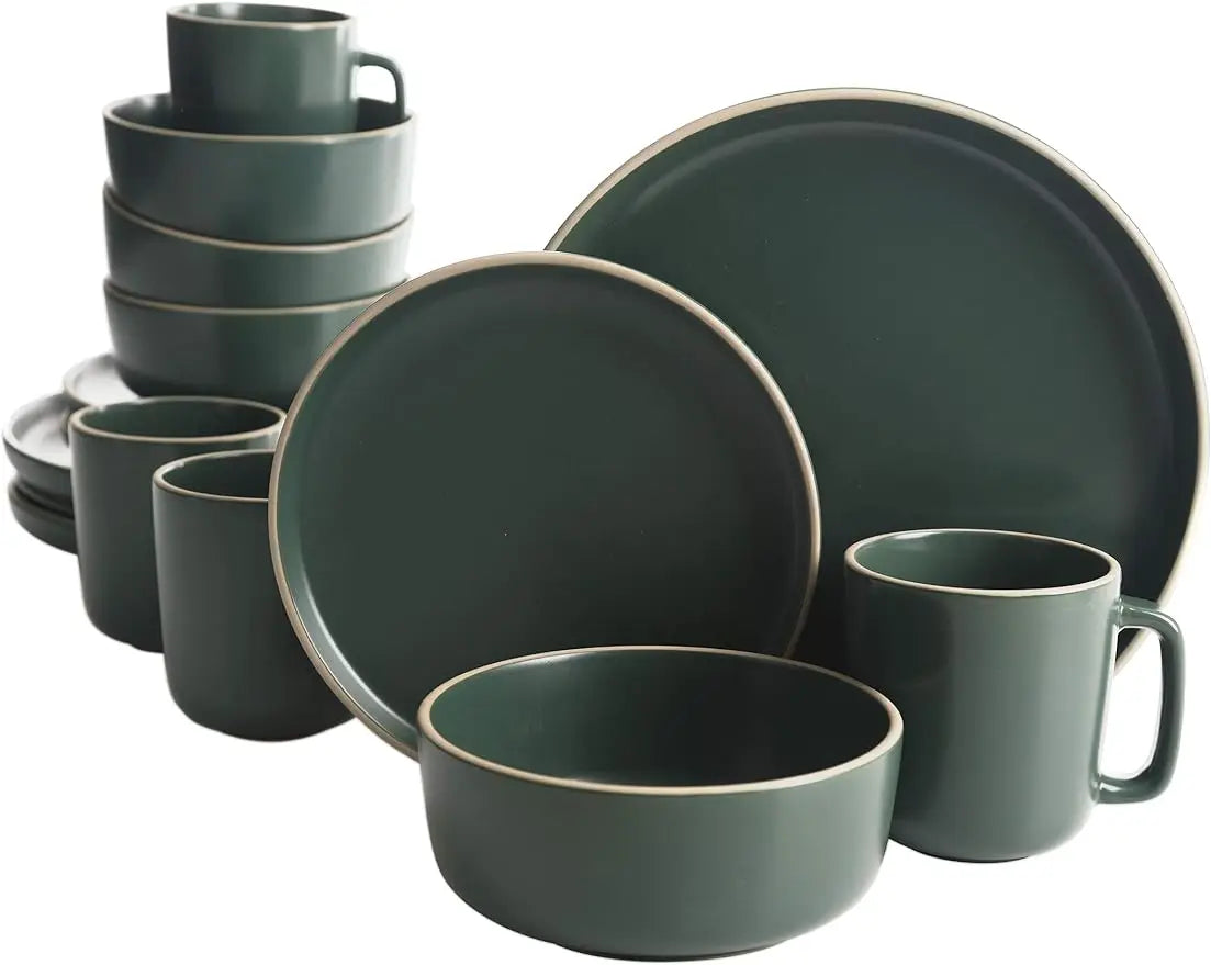 Gibson Home Zuma 16 Piece Round Kitchen Dinnerware Set, Dishes, Plates, Bowls, Mugs, Service for 4, Matte Stoneware, Green