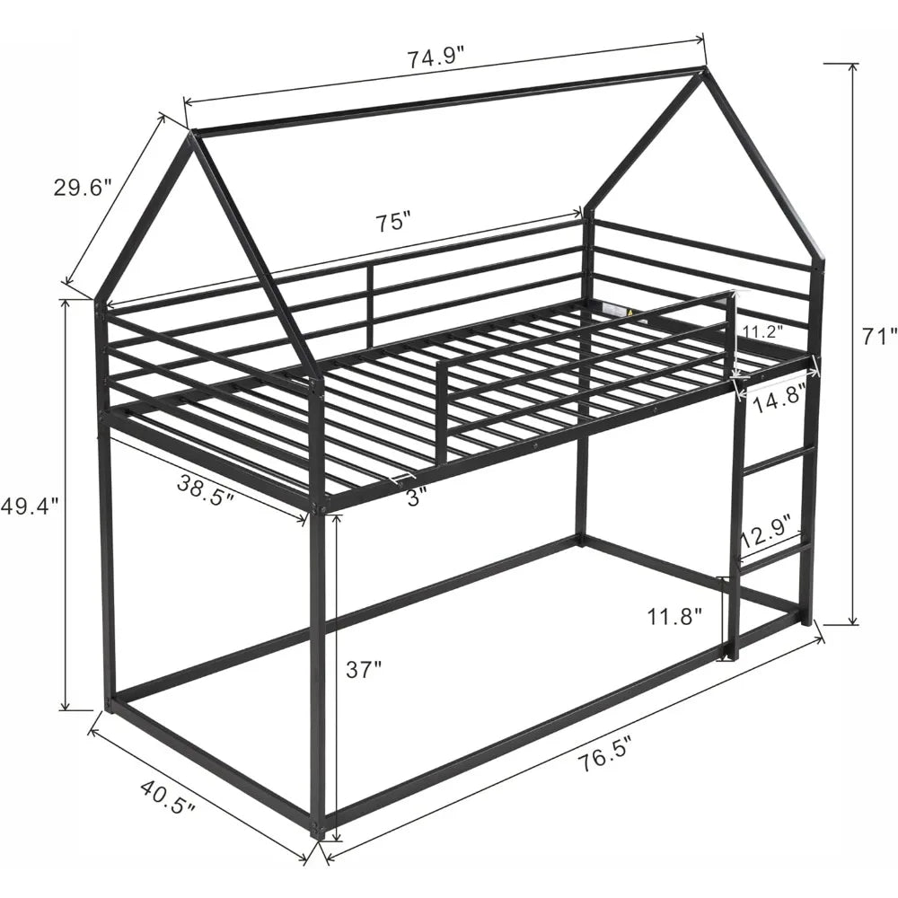 Twin Over Twin Junior Metal Floor Bunk Bed, Twin Size House Bunk Bed Frame with Ladder and Roof for Kids Boys Girls