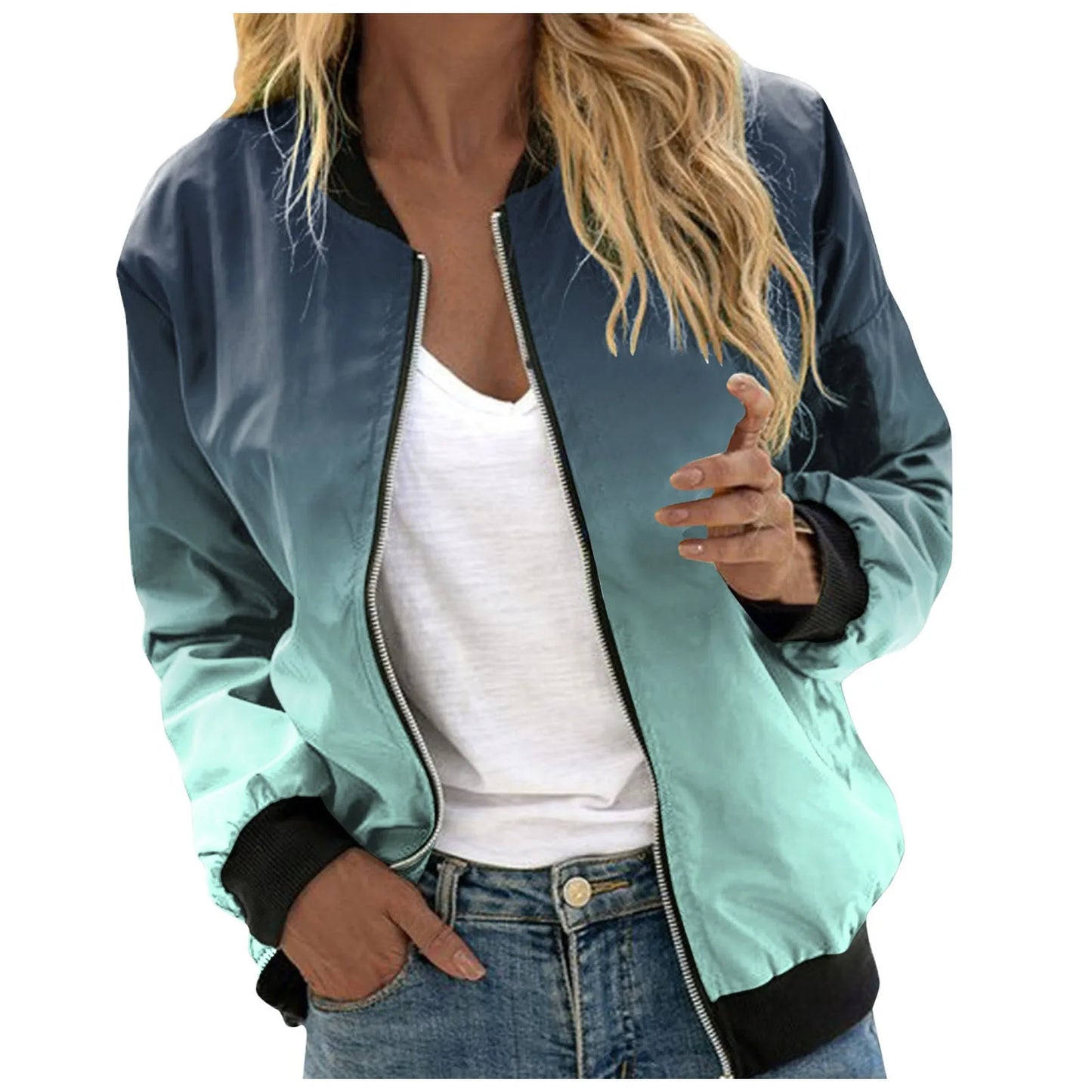 Autumn Gradient Bomber Jackets for Women Elegant Ladies Slim Jackets Coat Stand Collar Zip Up Thin Jackets Outwear Chaquetas