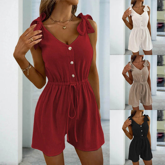 Summer Women Sleeveless Elegant Jumpsuits Casual Romper Vintage Ladies Short Pants Playsuit Fashion Solid Color Overalls 2024