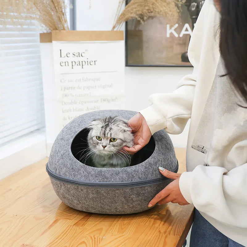 Cat Bed Artificial Felt House for Cats Sleeping Bag With Nest Cushion Eggshell Detachable Breathable Semi Enclosed Pet Cave