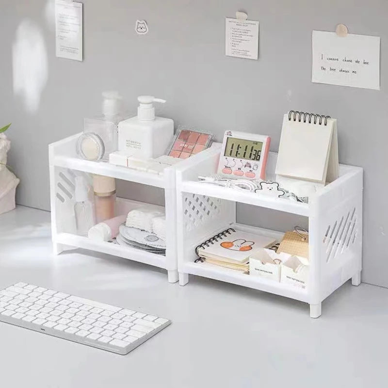 2 Layer Kawaii Minimalist Desk Desktop Organizer Storage Rack Student Dormitory Hollow Shelf Skin Care Storage Shelf New Cute