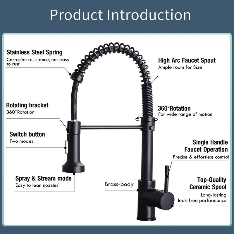 Black and Chromed Spring Pull Down Kitchen Sink Faucet Hot and Cold Water Mixer Crane Tap with Dual Spout Deck Mounted