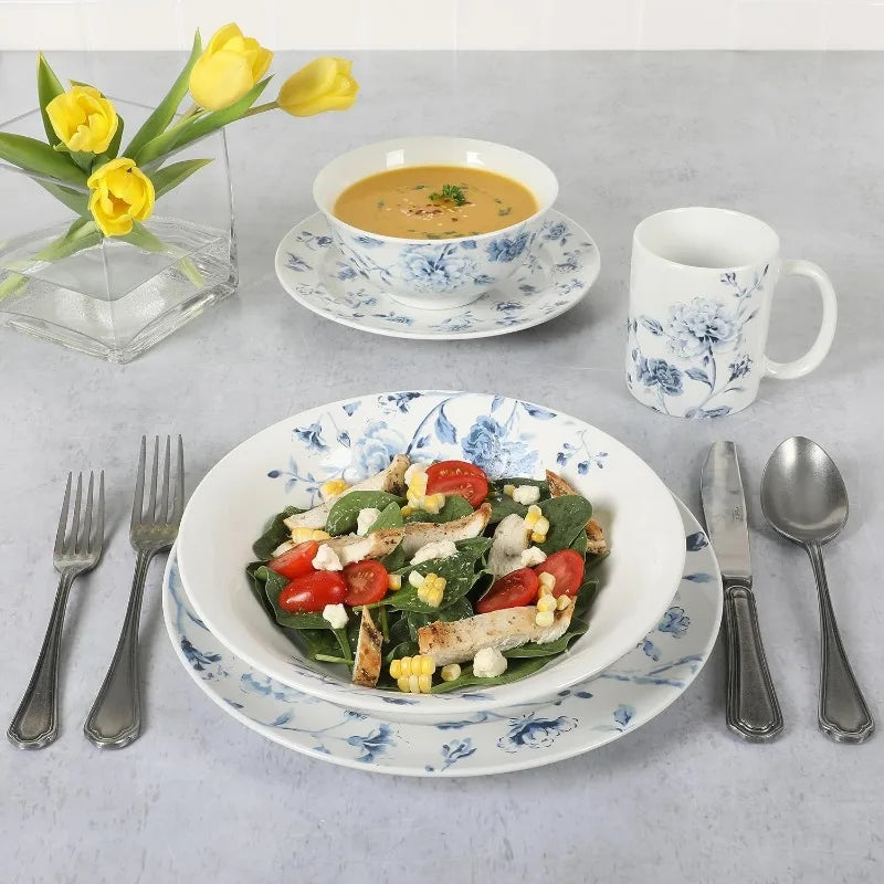 Empress Bouquet Decorated Porcelain Dinnerware Plates and Bowls Set - Blue Floral, Service for 6 (30pcs)