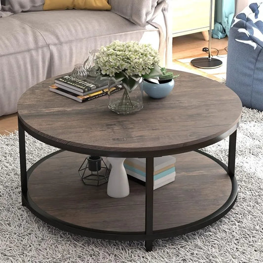 Round Coffee Table,36" Coffee Table for Living Room,2-Tier Rustic Wood Desktop with Storage Shelf Modern Design Home Furniture