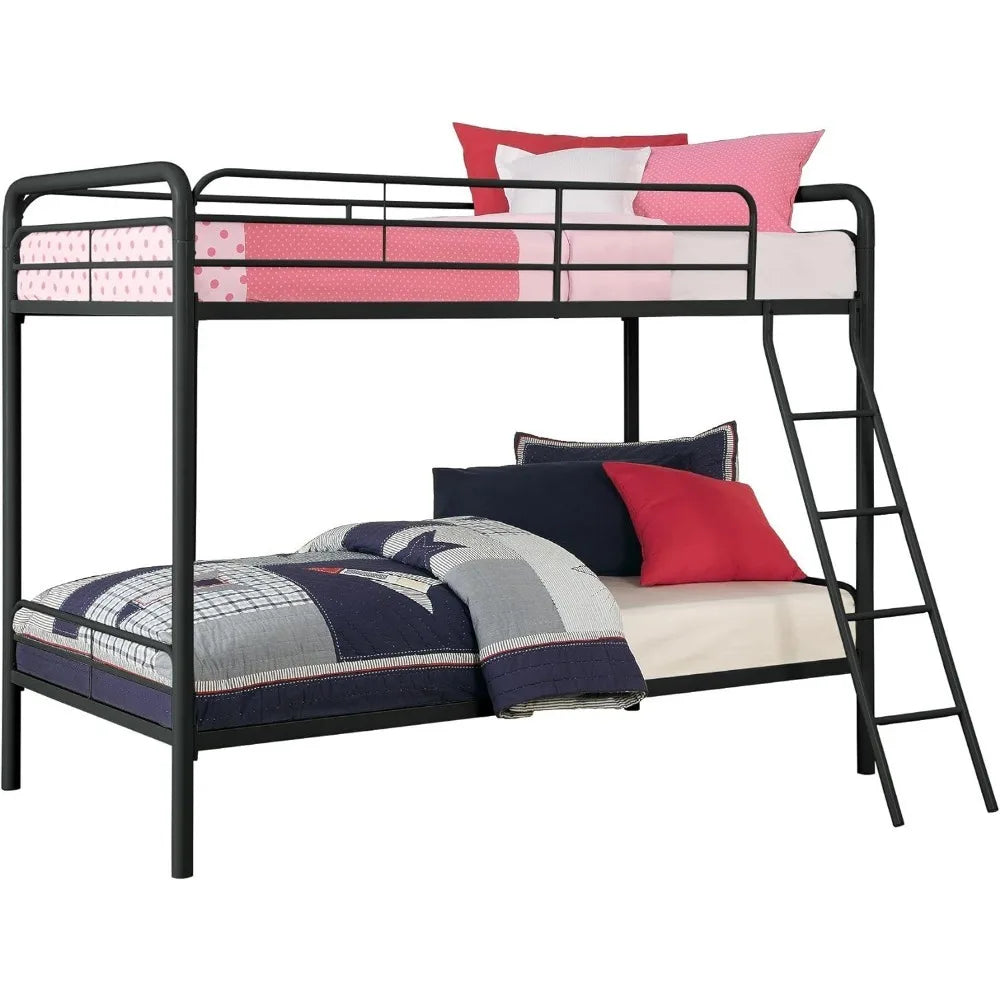 Twin-Over-Twin Bunk Bed with Metal Frame and Ladder, Space-Saving Design, Black