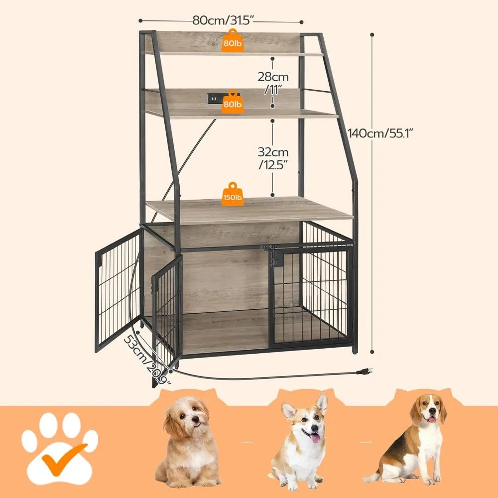 Dog kennel furniture with charging station, wooden kennel with adjustable storage shelves,indoor kennel with chewable metal mesh