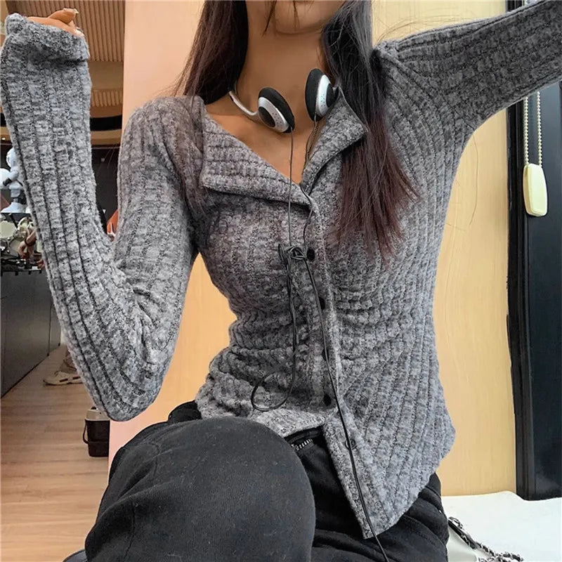 Korea Women Collar Sweater Coat Y2k Knitted Cardigan Vintage Long Sleeve Single Breasted Top Autumn Fashion Knitwear Jumper