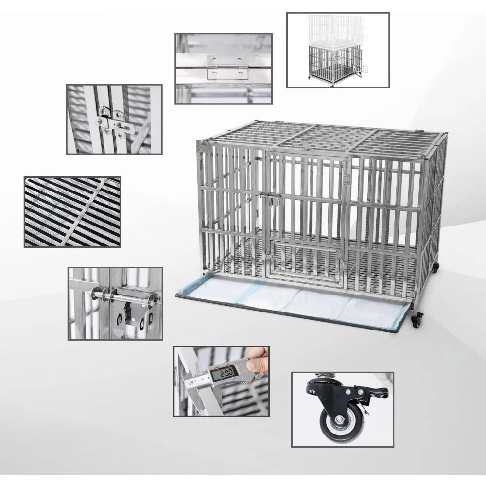 RyBuy 48" Stackable Heavy Duty Dog Crate Pet Stainless Steel Kennel Cage for Large Dogs with Tray in-Door Foldable & Portable