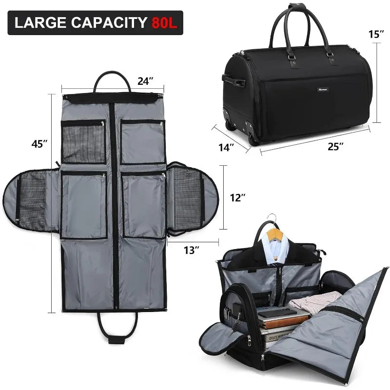 Large Garment Duffle Bag with Wheels, 3 in 1 Garment Suit Luggage Bag for Women Men Business Travel Weekender, Black