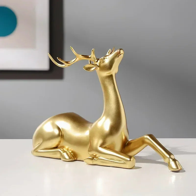 Golden Deer Figurines European Feng Shui Ornaments Animal Statue Resin Handmade Art Crafts Home Living Room Office Decoration