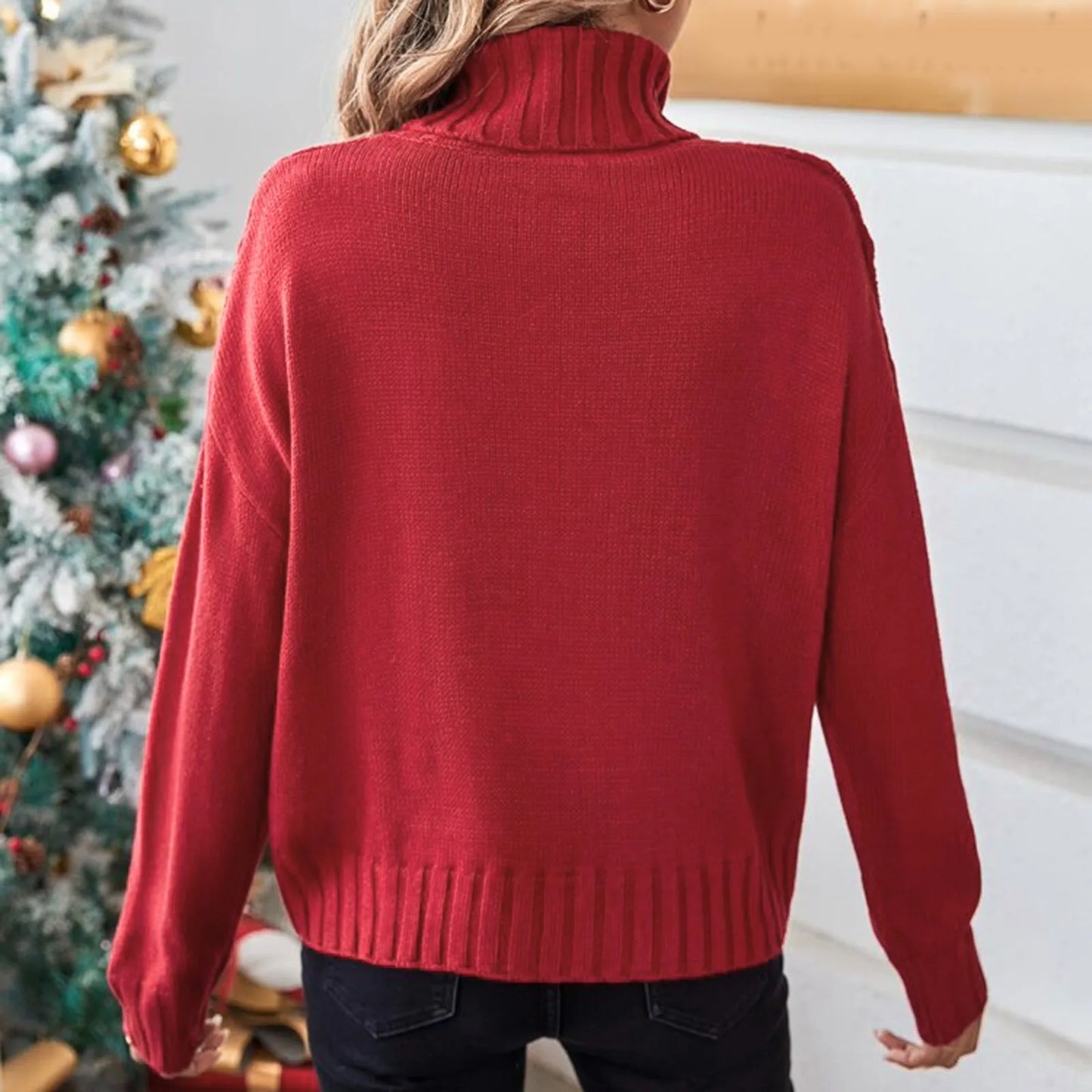 Christmas Autumn Winter Women Turtleneck Sweater Loose Short Elegant Warm Knitted Pullovers Fashion Solid Red Knitwear Jumper