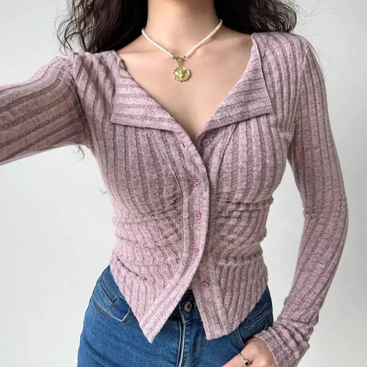 Korea Women Collar Sweater Coat Y2k Knitted Cardigan Vintage Long Sleeve Single Breasted Top Autumn Fashion Knitwear Jumper