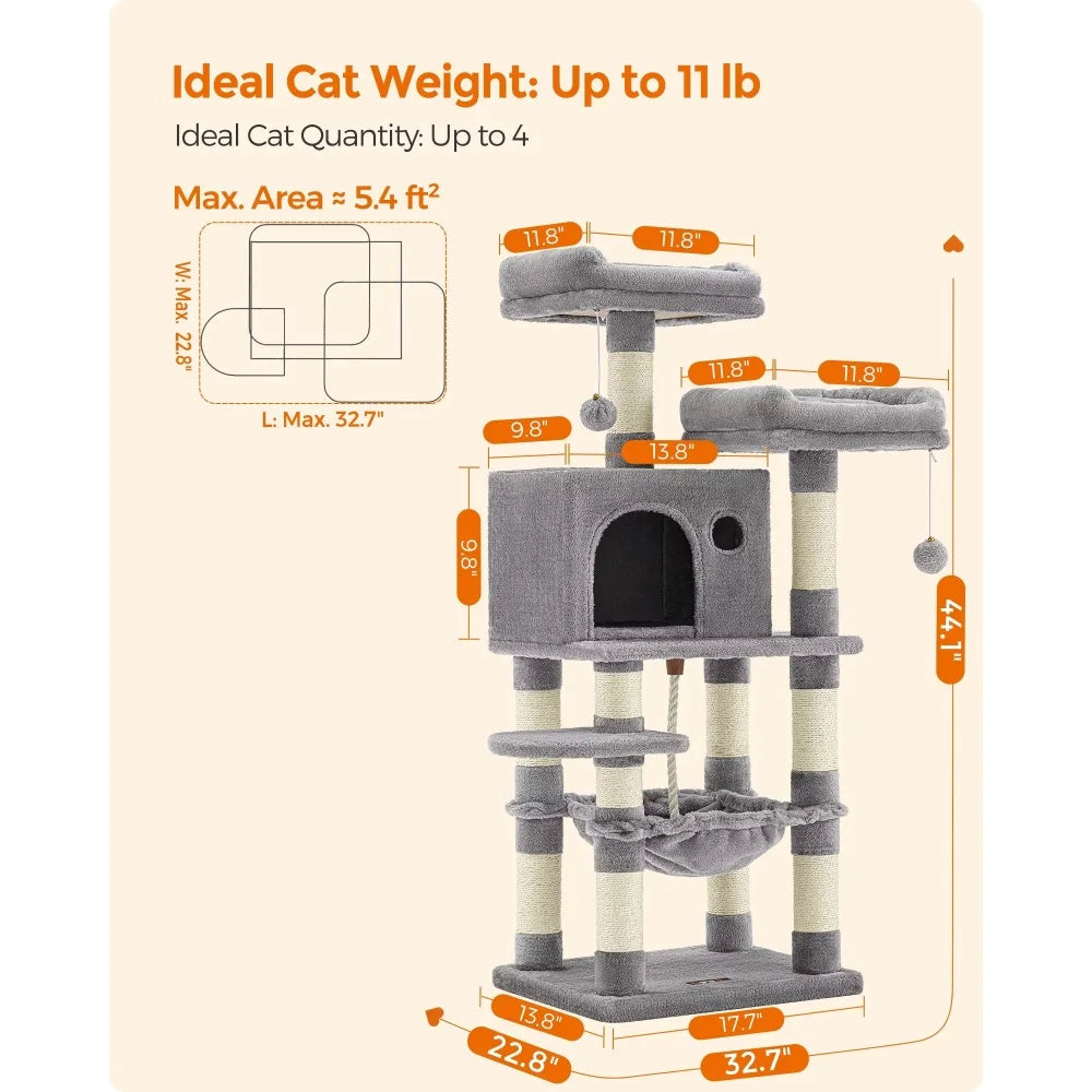 Tower for Cats Cat Tree Cat Tower With 11 Scratching Posts Multi-Level Cat Condo 2 Perches Cave Hammock Light Gray Free Shipping