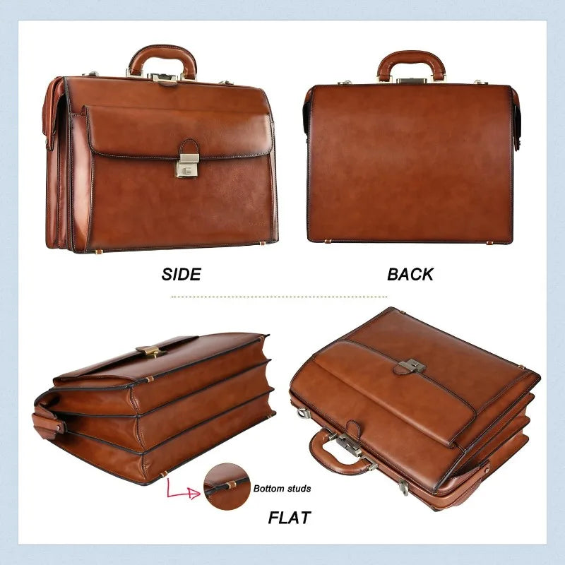 Leather Briefcase for Men with Lock Lawyer Attache Case Hard 15.6 Laptop Attorney Litigator Bag Doctor Style Bag