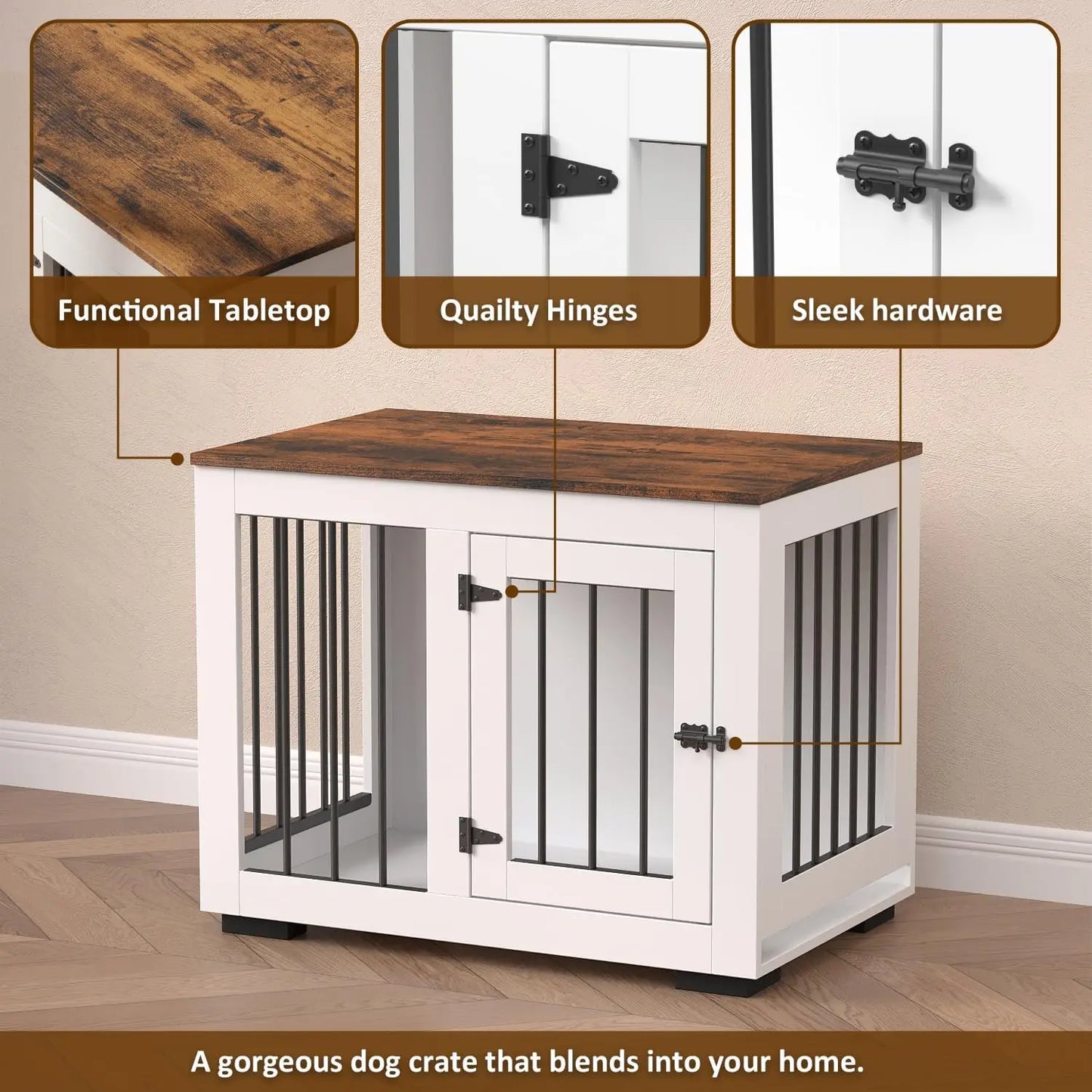 White Dog Crate Furniture for Medium Dogs Up to 40 lbs. - Decorative Puppy Kennel w/Wide Farmhouse Table Top & Steel Bar