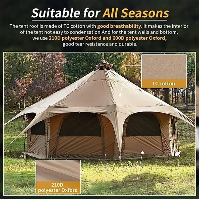 Canvas Tent Bell Tent 16.4ft*High9.2ft with Stove Jack for Glamping Family Camping Zipped Removable Floor