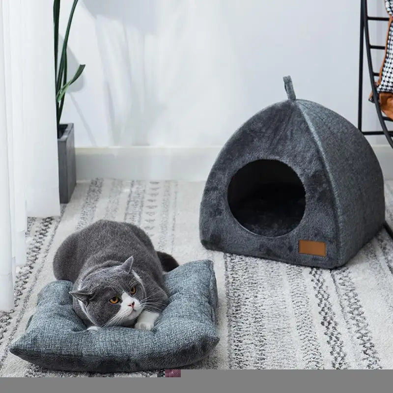 Plush Foldable Dog Cat Bed Non-slip Pet Kennel Gray Kitten House Indoor Semi-enclosed Sleeping Cats Cave Bed for Small Dogs Tent