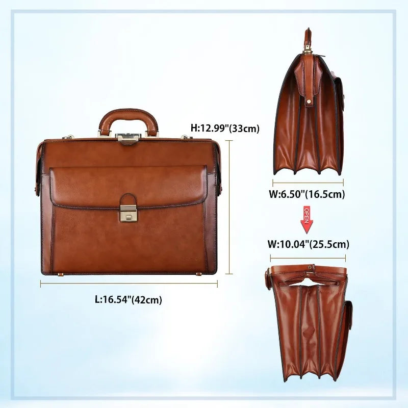 Leather Briefcase for Men with Lock Lawyer Attache Case Hard 15.6 Laptop Attorney Litigator Bag Doctor Style Bag