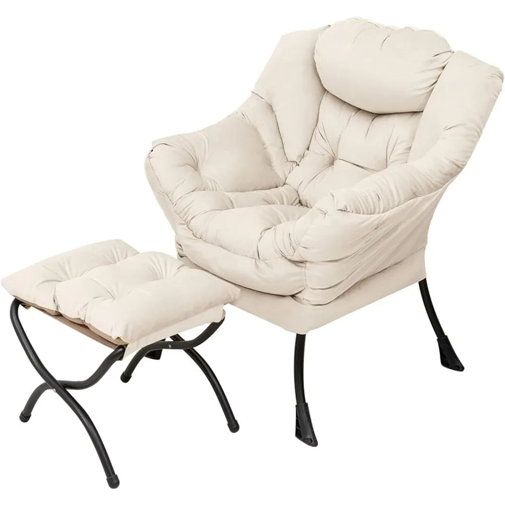 Lazy Chair with Ottoman, Modern Lounge Accent Armrests and a Side Pocket, Leisure Upholstered Sofa Set