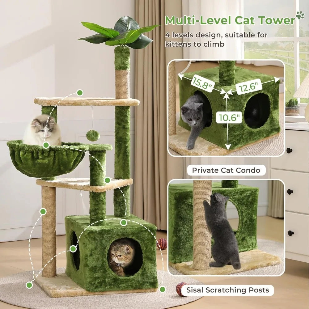 Upholstered 5-Level 51" Cat Tree with 1 Condos, Green Cat Furniture Cat Supplies