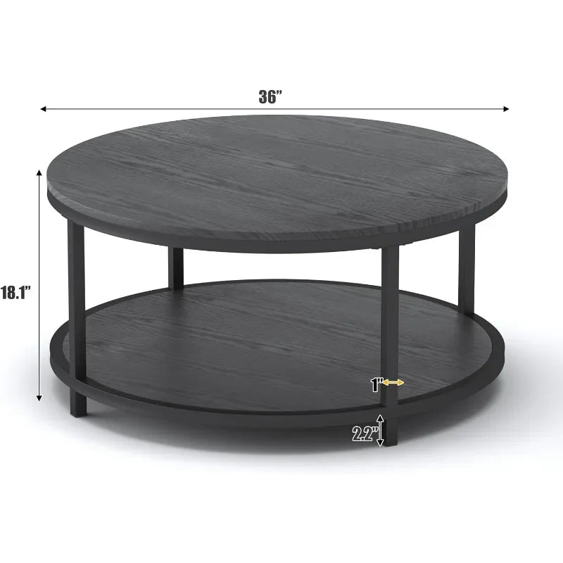 WiberWi Rustic Industrial 35.8" Round Coffee Table with Storage Shelf and Sturdy Metal Legs, Easy Assembly