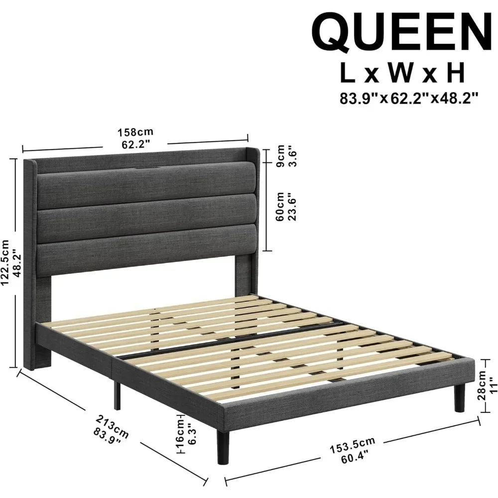 Bedroom furniture queen size bed frame, storage headboard with sockets, sturdy and stable, noiseless, no springs, dark grey