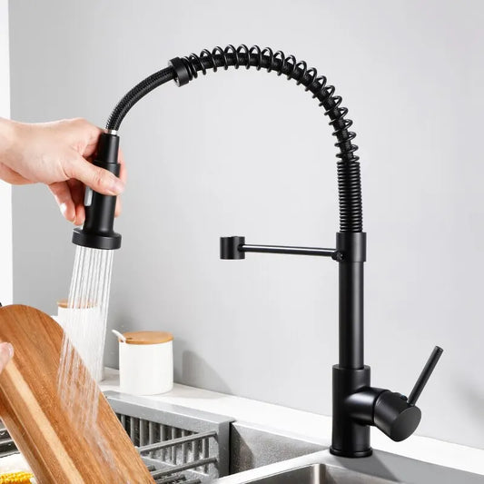 Black and Chromed Spring Pull Down Kitchen Sink Faucet Hot and Cold Water Mixer Crane Tap with Dual Spout Deck Mounted