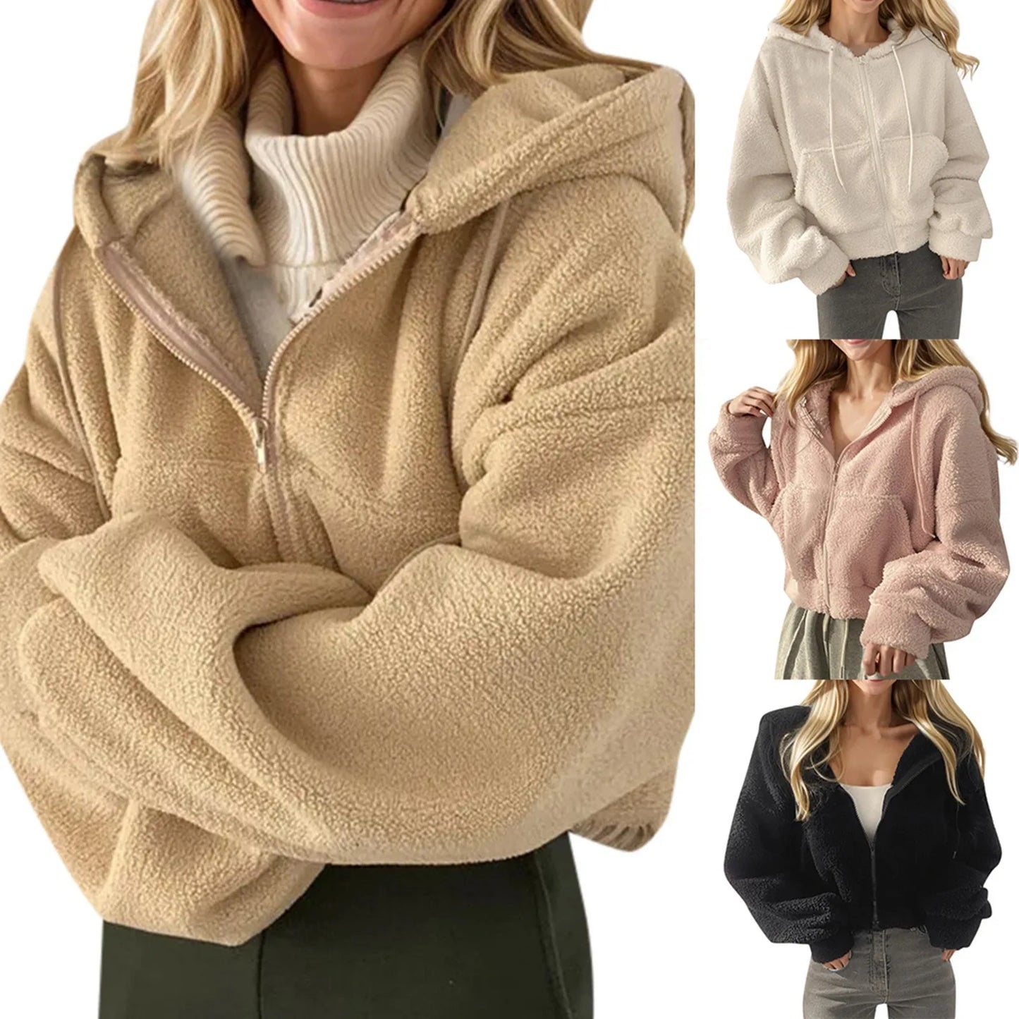 Women's Cropped Fleece Jacket Autumn Winter Solid Color Zippers Lamb Wool Jackets Casual Loose Fit Hooded Pullovers Y2k Tops