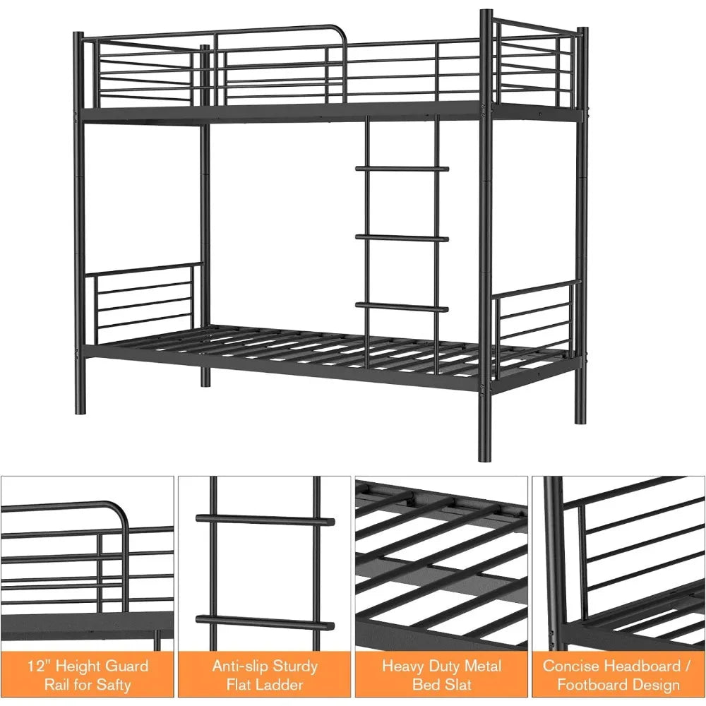 Metal Bunk Bed Twin Over Twin with Ladder, Heavy Duty Sturdy 2 in 1 Convertible Bunk Bed with Safety Guard Rails