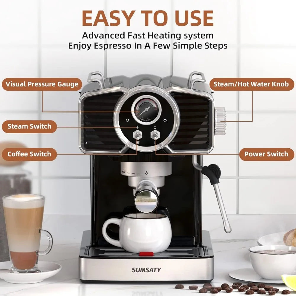 Espresso Coffee Machine 20 Bar, Retro Espresso Maker with Milk Frother Steamer Wand for Cappuccino, Latte, Macchiato,