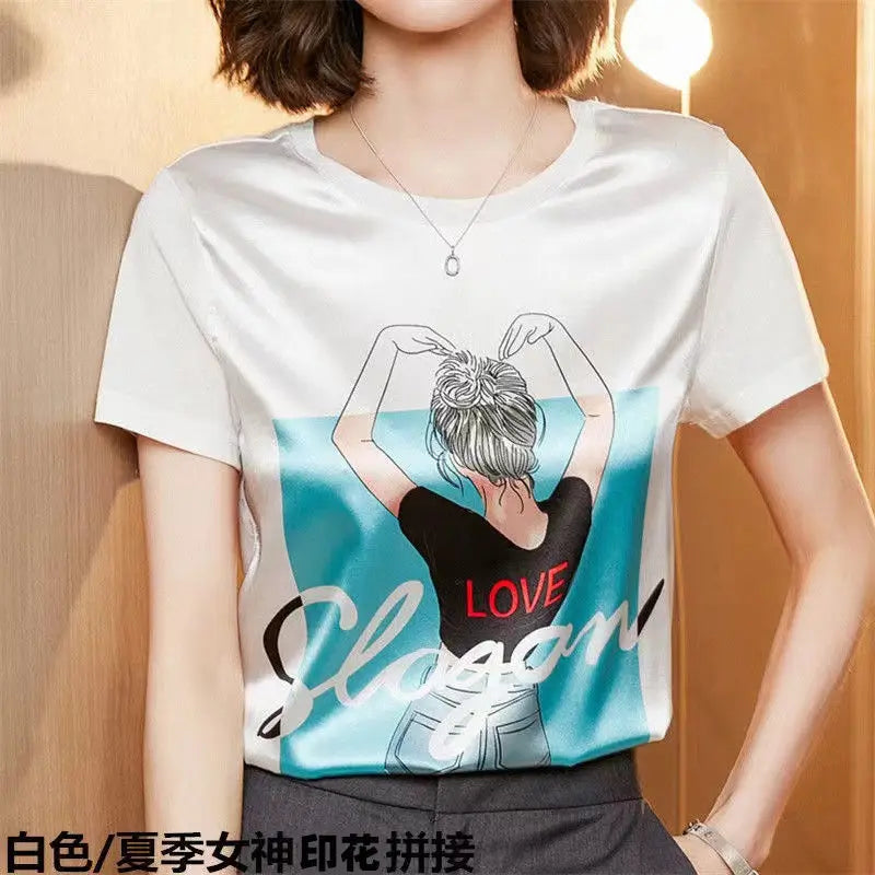 Women's Clothing Summer Short Sleeve Tee Shirt Oversized Loose Crew Neck Letter Cartoon Printing Pullovers Fashion Casual Tops