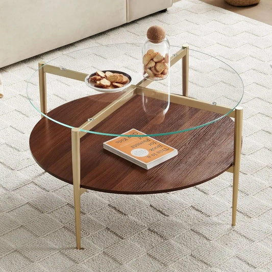 Glass Coffee Table, Clear Double Layer Glass Coffee Table for Living Room, Clear Glass & Coffee Brown Bottom Shelf