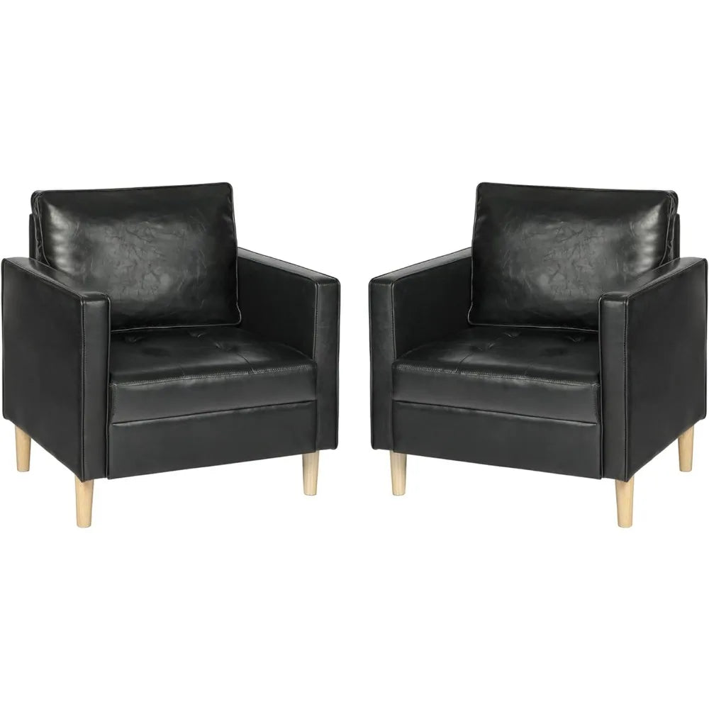 Black Faux Leather Accent Chairs Set of 2 Living Room Bedroom Chairs, Comfy Reading Chair Single Sofa,Office Couch,Easy Assembly