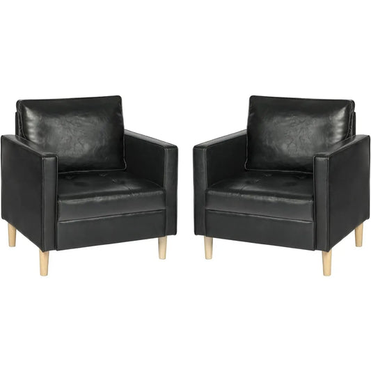 Black Faux Leather Accent Chairs Set of 2 Living Room Bedroom Chairs, Comfy Reading Chair Single Sofa,Office Couch,Easy Assembly