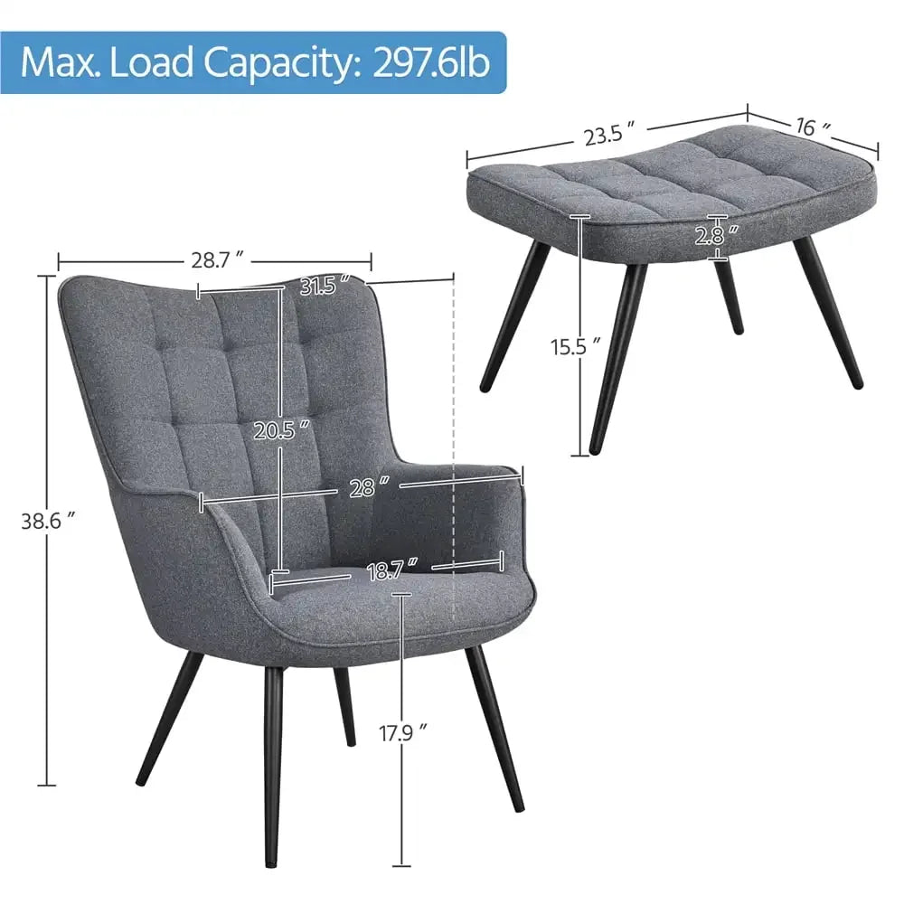 Lounge Chair, Mid-Century Modern Fabric Wingback Accent Chair with Ottoman, Gray Living Room Guest Chairs