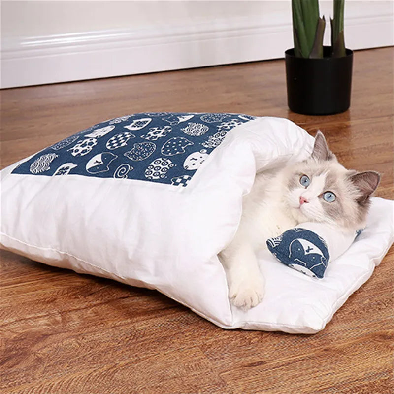 Japanese Cat Bed Warm Cat Sleeping Bag Deep Sleep Cave Winter Removable Pet House Bed for Cats Dogs Nest Cushion with Pillow