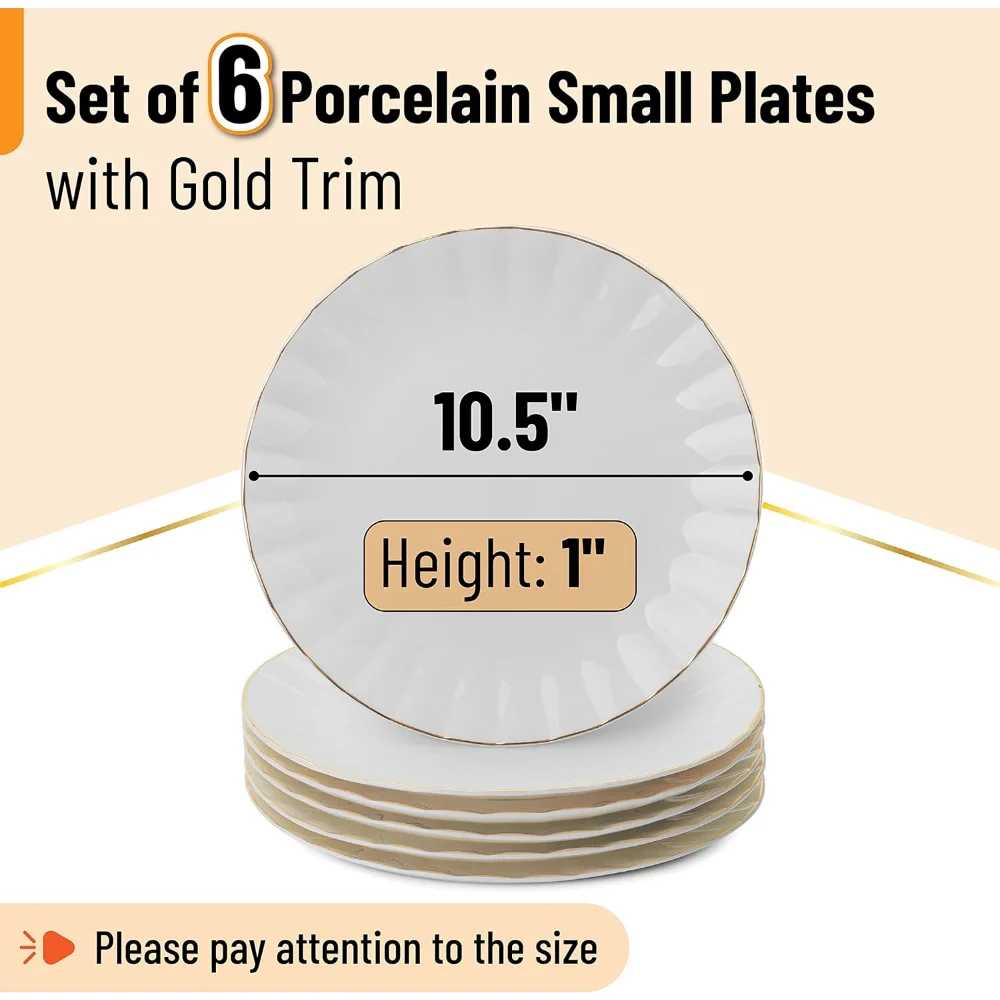 Dinner Plates with Gold Trim,10.5 inch, Set of 6, White Dinner Plates, White Dinner Plates Bulk, White Plate Set