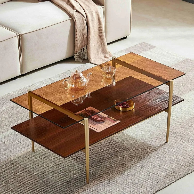 Glass Coffee Table, Clear Double Layer Glass Coffee Table for Living Room, Clear Glass & Coffee Brown Bottom Shelf